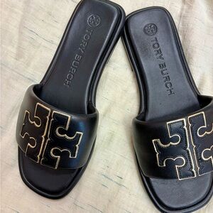 Tory Burch Black Slide Sandals with Gold-Trim Logo